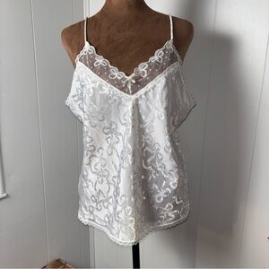 Unique Vintage Cine star White bow print Lace sheer Slip/nightyMedium